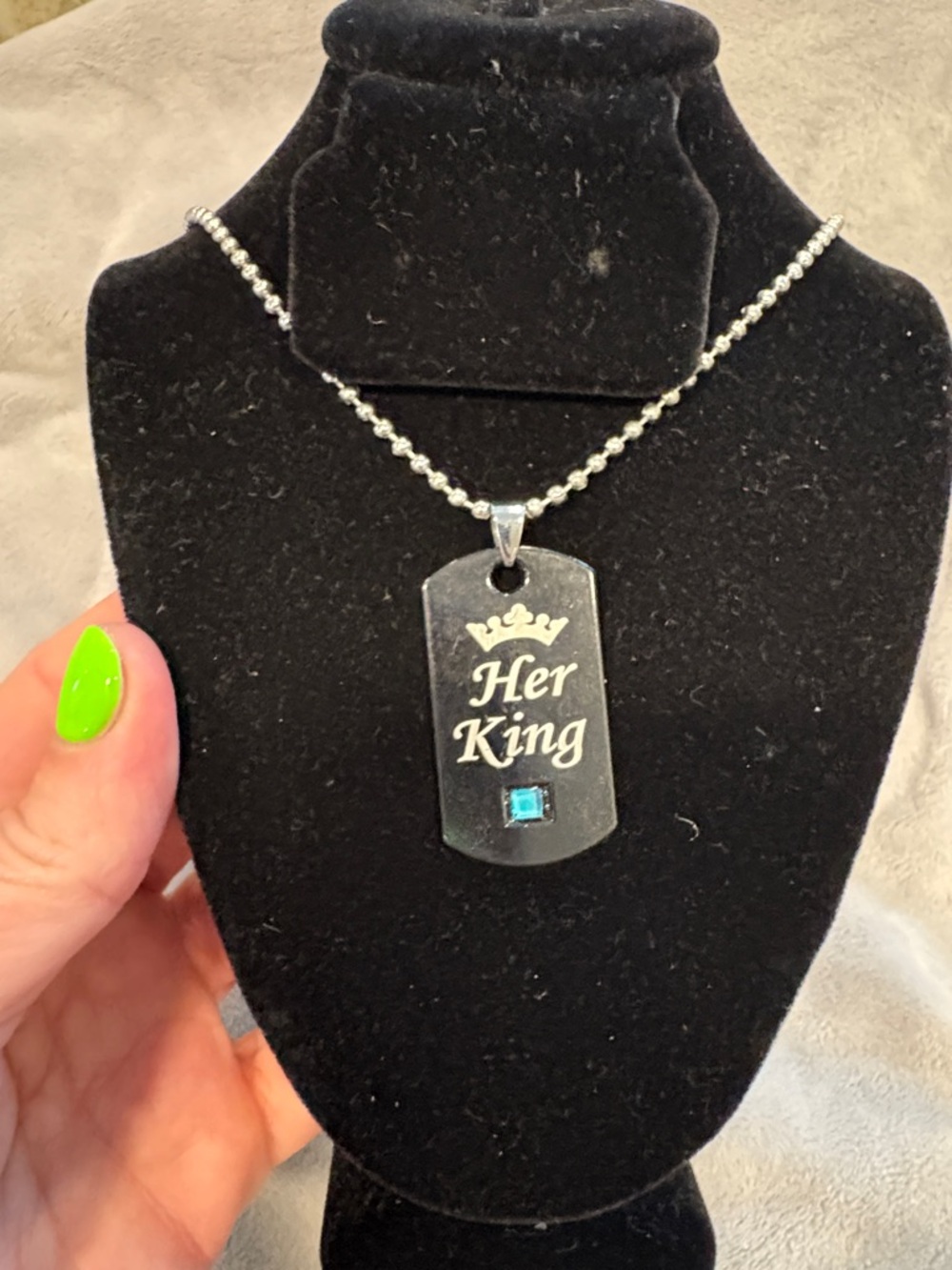 Her King Silver Dog Tag Necklace with Blue Stone